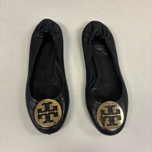 Tory Burch Black Leather Logo Ballet Flats with Gold Medallion
